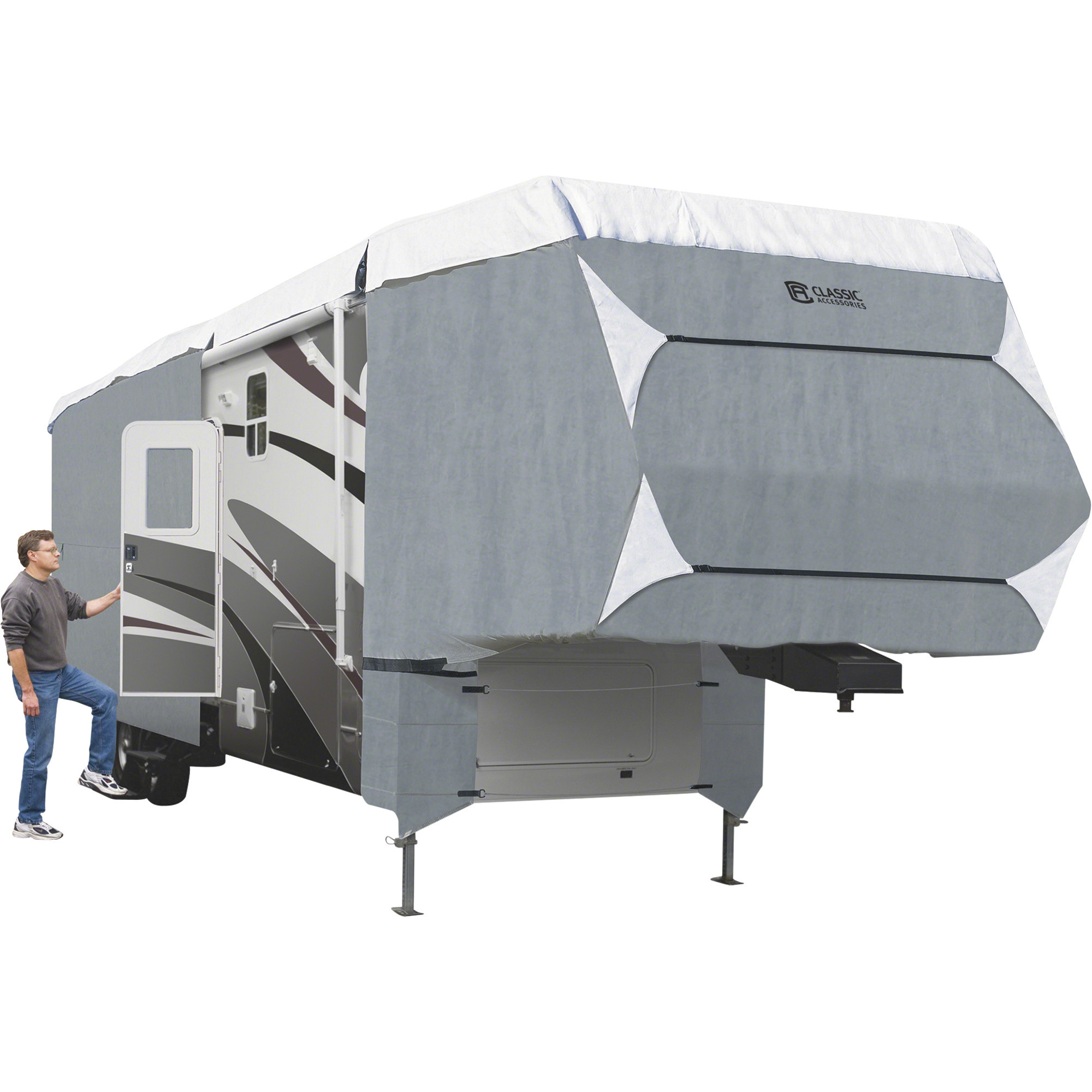 Classic Accessories Overdrive PolyPRO 3 Deluxe 5th Wheel Cover, Gray and White, Fits 33ft.L-37ft.L x 135in.H 5th Wheel Trailers, Model# 80-349-183101-RT